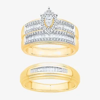 Womens 3/4 CT. T.W. Natural White Diamond 10K Two Tone Gold Marquise Side Stone Halo Bridal Set