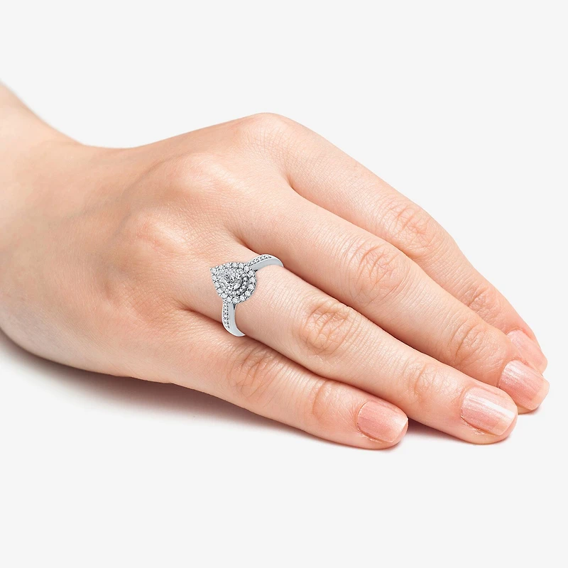 I Said Yes (H-I / I1) Womens 3/4 CT. T.W. Lab Grown White Diamond Sterling Silver or 14K Gold Over Pear Side Stone Halo Engagement Ring