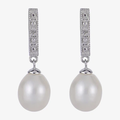 7.5-8Mm Cultured Freshwater Pearl And Diamond Accent Sterling Silver Earrings