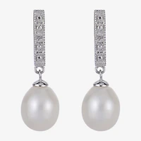 7.5-8Mm Cultured Freshwater Pearl And Diamond Accent Sterling Silver Earrings