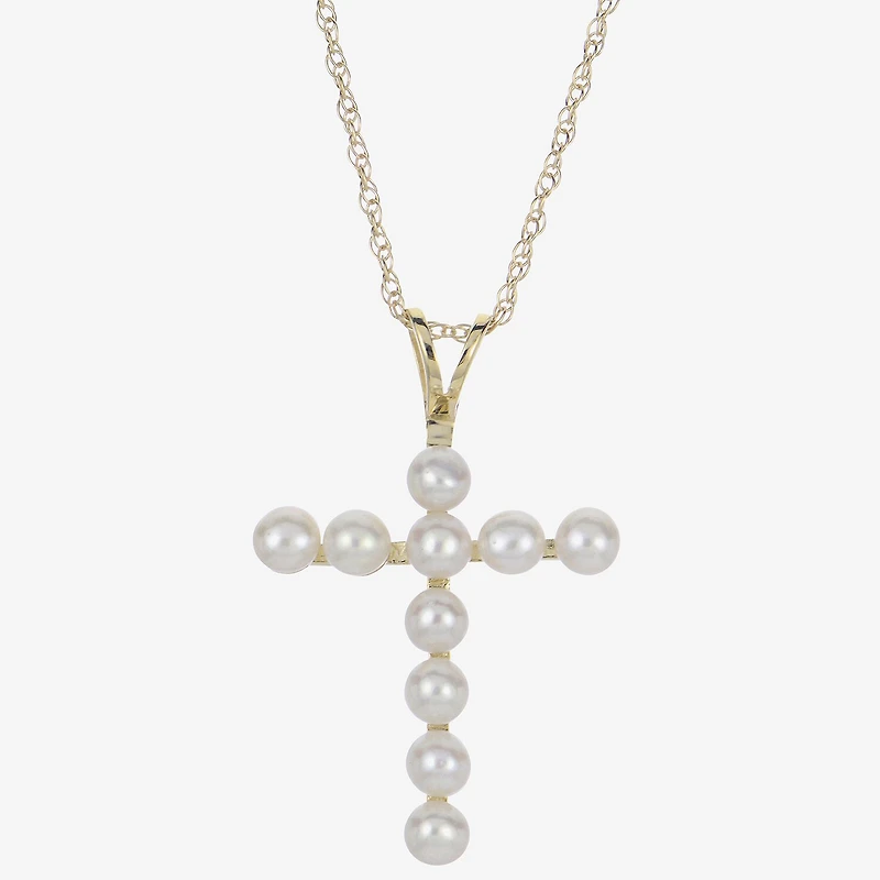 Womens White Cultured Freshwater Pearl 10K Gold Cross 18 Inch Pendant Necklace