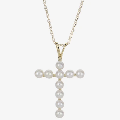 Womens White Cultured Freshwater Pearl 10K Gold Cross 18 Inch Pendant Necklace