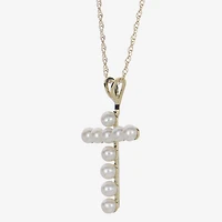 Womens White Cultured Freshwater Pearl 10K Gold Cross 18 Inch Pendant Necklace