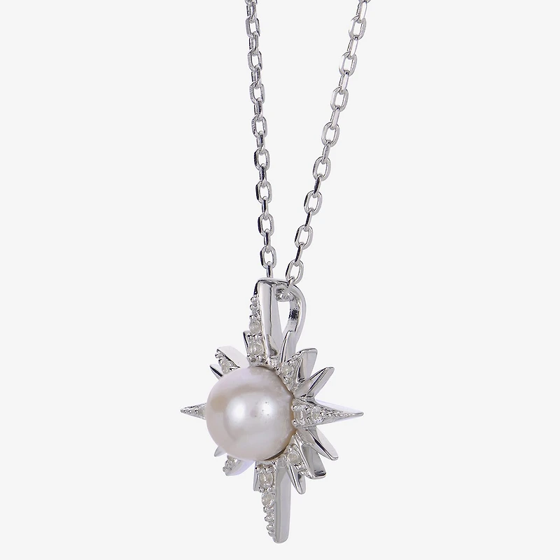 North Star Womens White Cultured Freshwater Pearl Sterling Silver Star 18 Inch Pendant Necklace