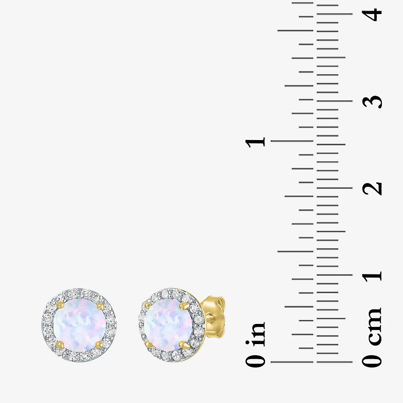 Diamond Accent Lab Created White Opal 10K Gold 9mm Round Stud Earrings