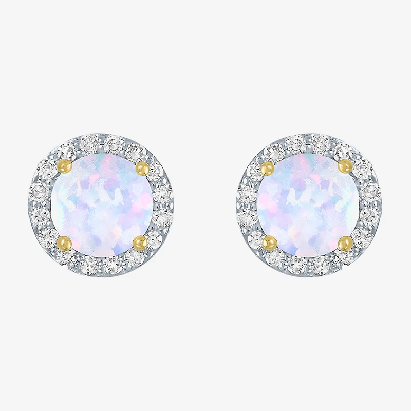 Diamond Accent Lab Created White Opal 10K Gold 9mm Round Stud Earrings