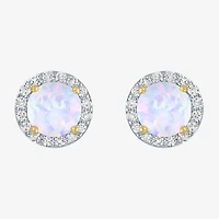 Diamond Accent Lab Created White Opal 10K Gold 9mm Round Stud Earrings