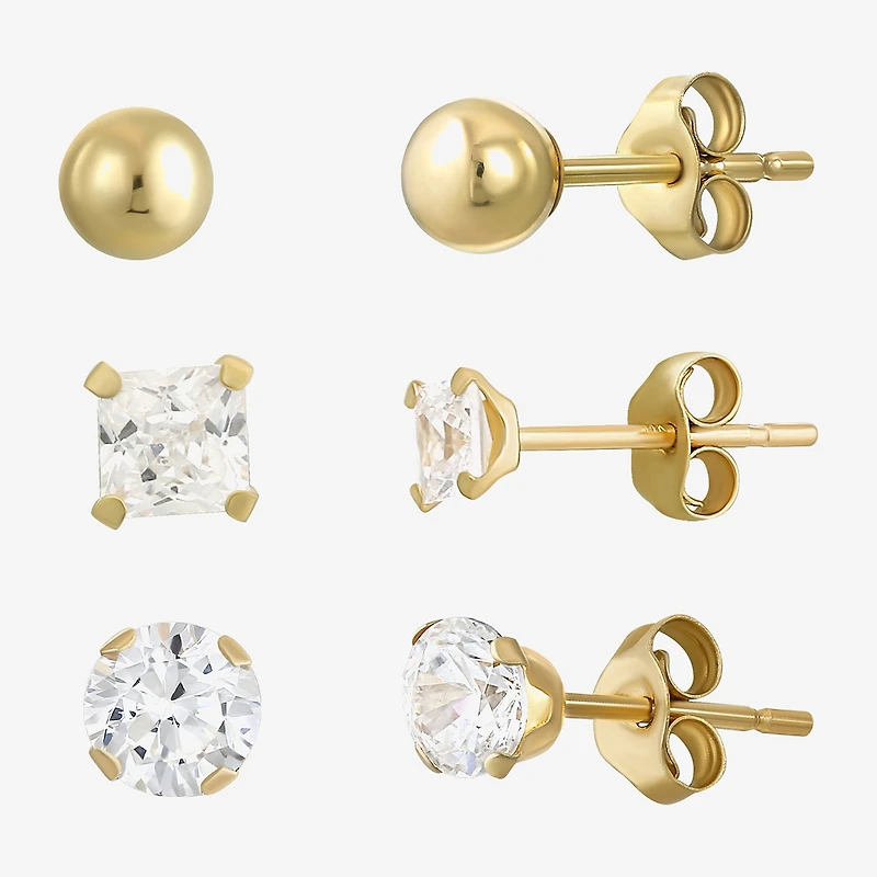 Womens Cubic Zirconia 14K Gold Ball Round 3 Pair Earring Set
