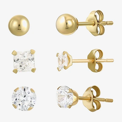 Womens Cubic Zirconia 14K Gold Ball Round 3 Pair Earring Set