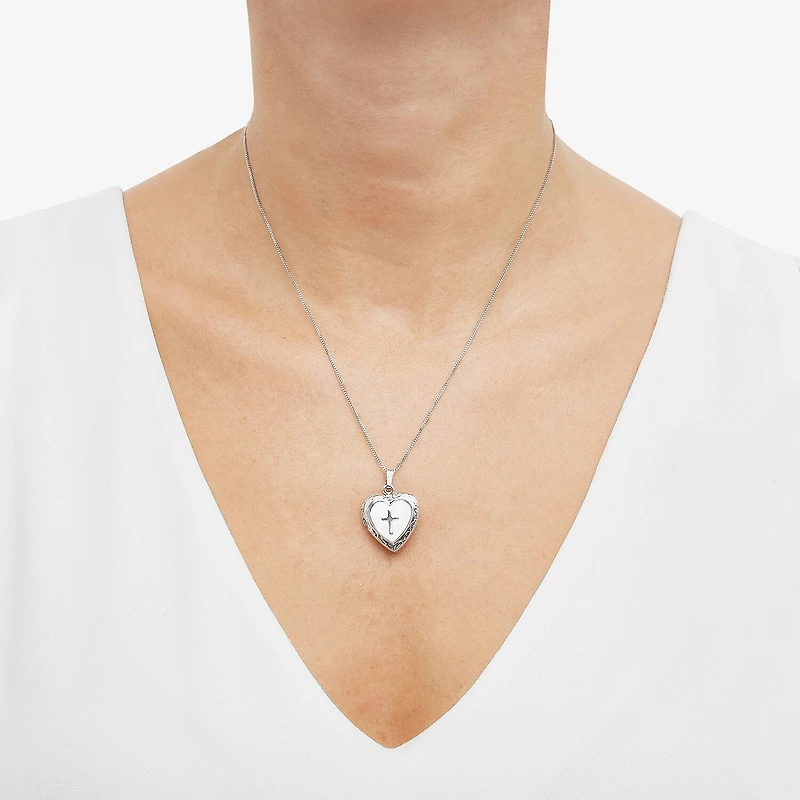 Mother-of-Pearl Heart & Cross Locket Pendant Necklace