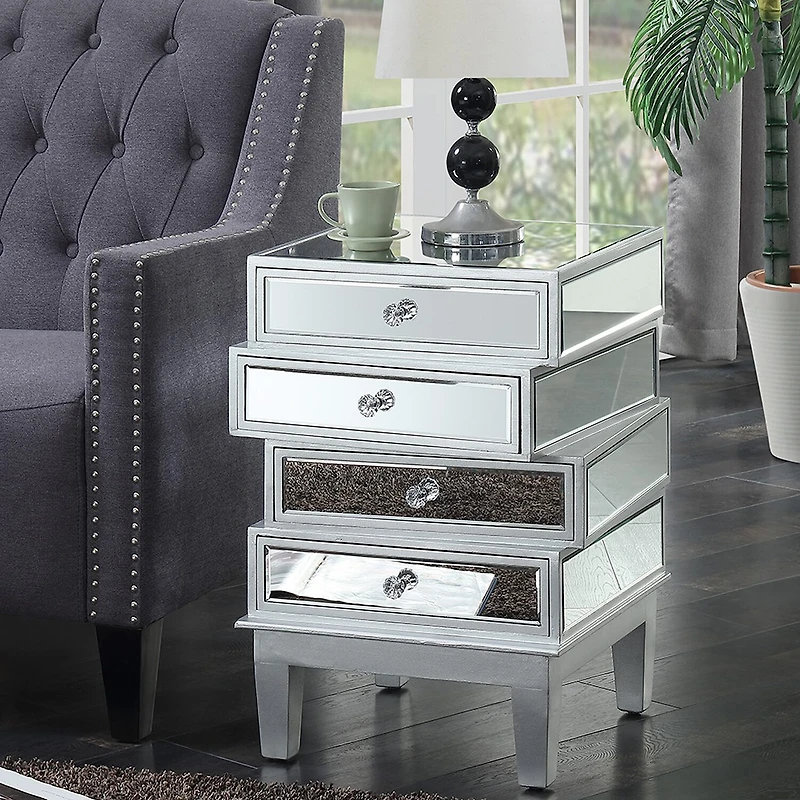 Convenience Concepts Gold Coast Living Room Collection Mirrored 4-Drawer End Table