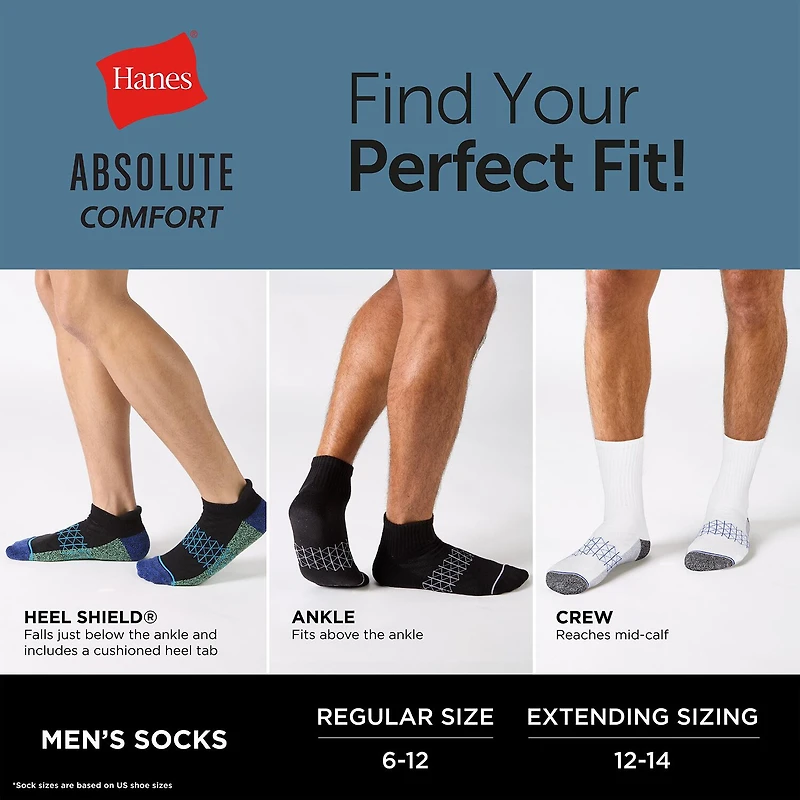 Hanes® Men's Ultimate Absolute Comfort, 3+1 Bonus Pack, No-Show Socks with Heel Shield