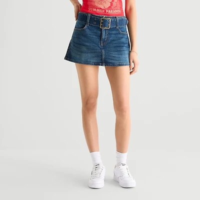 Arizona Belted Womens Juniors Low Rise Mini Denim Skirt