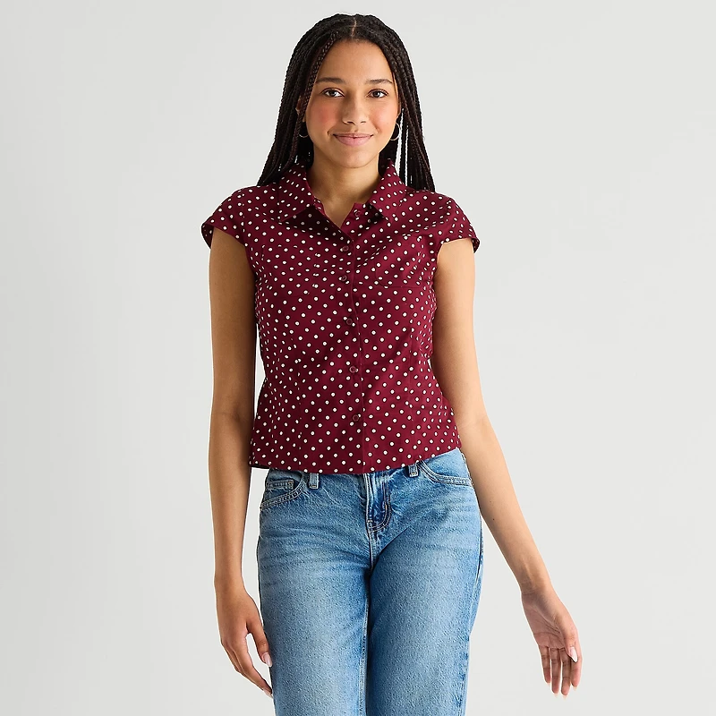 Arizona Womens Juniors Cap Short Sleeve Regular Fit Button-Down Shirt