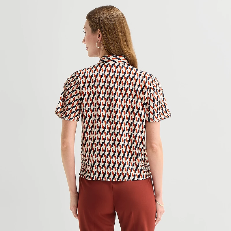 Liz Claiborne Womens Split Tie Neck Short Sleeve Blouse
