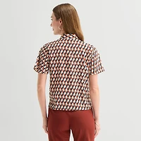 Liz Claiborne Womens Split Tie Neck Short Sleeve Blouse
