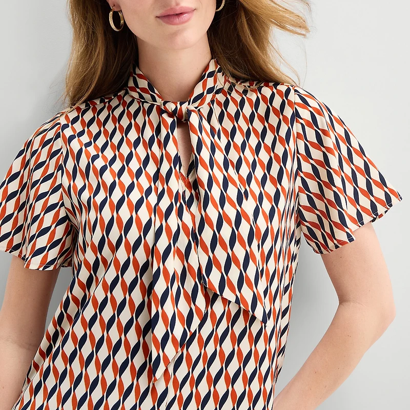 Liz Claiborne Womens Split Tie Neck Short Sleeve Blouse