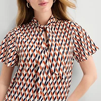Liz Claiborne Womens Split Tie Neck Short Sleeve Blouse