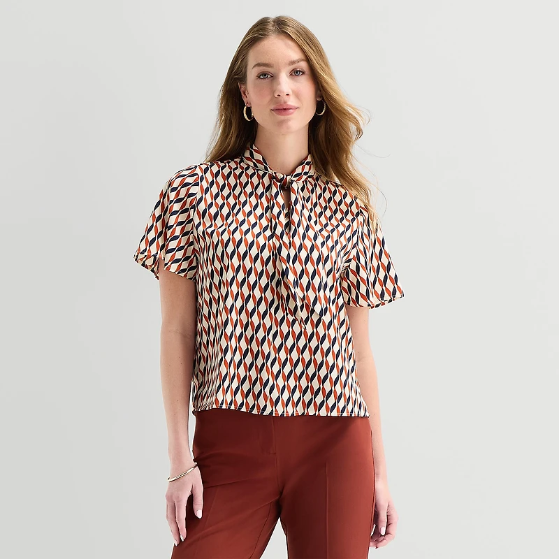 Liz Claiborne Womens Split Tie Neck Short Sleeve Blouse