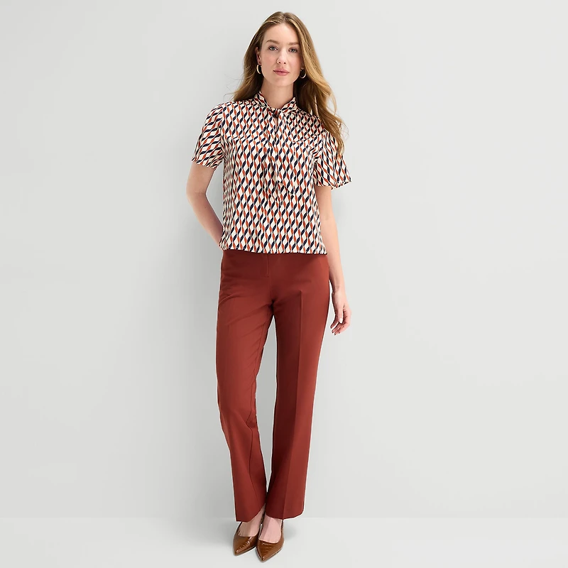 Liz Claiborne Womens Split Tie Neck Short Sleeve Blouse
