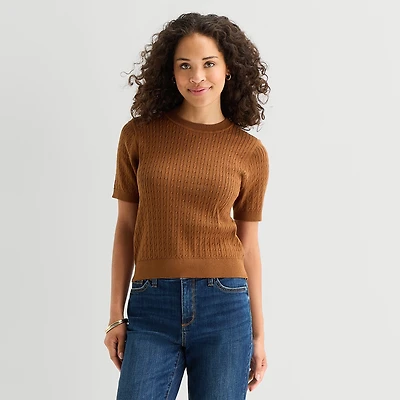St. John's Bay Womens Crew Neck Short Sleeve Cable Knit Pullover Sweater