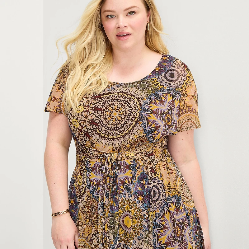 Robbie Bee Womens Plus Round Neck Sleeveless Dolman Medallion Fit + Flare Dress