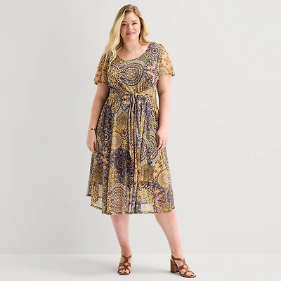 Robbie Bee Womens Plus Round Neck Sleeveless Dolman Medallion Fit + Flare Dress