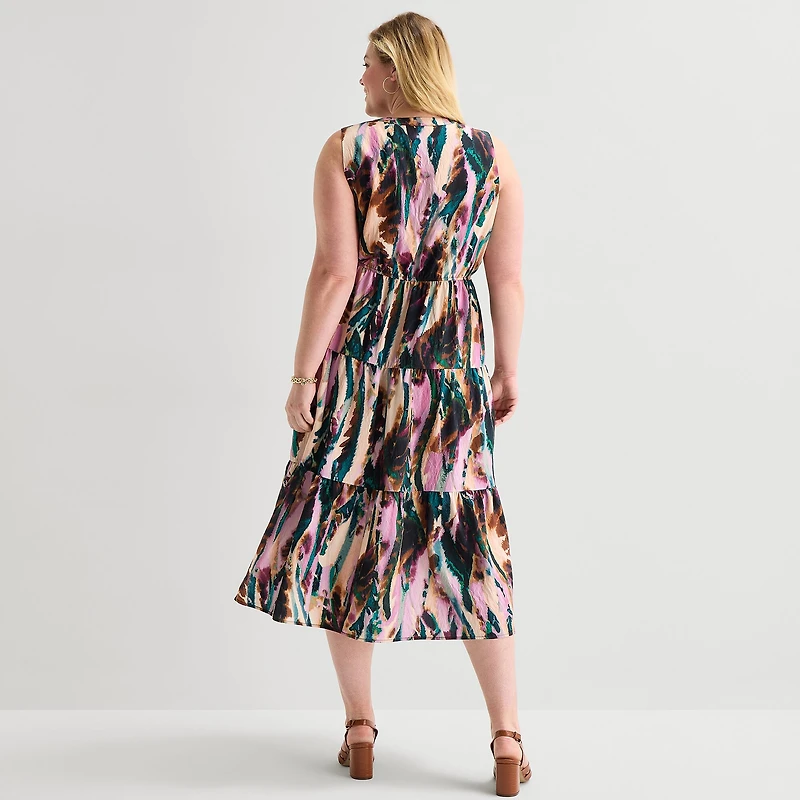 Isabel & Nina Womens Plus Midi V Neck Sleeveless Abstract Fit + Flare Dress