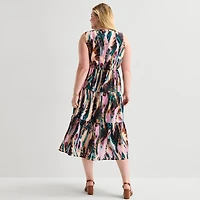 Isabel & Nina Womens Plus Midi V Neck Sleeveless Abstract Fit + Flare Dress