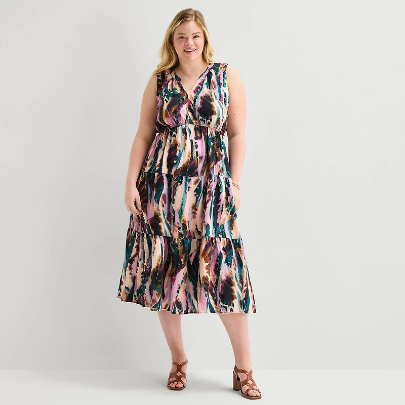 Isabel & Nina Womens Plus Midi V Neck Sleeveless Abstract Fit + Flare Dress