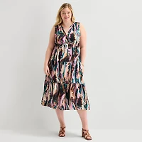 Isabel & Nina Womens Plus Midi V Neck Sleeveless Abstract Fit + Flare Dress