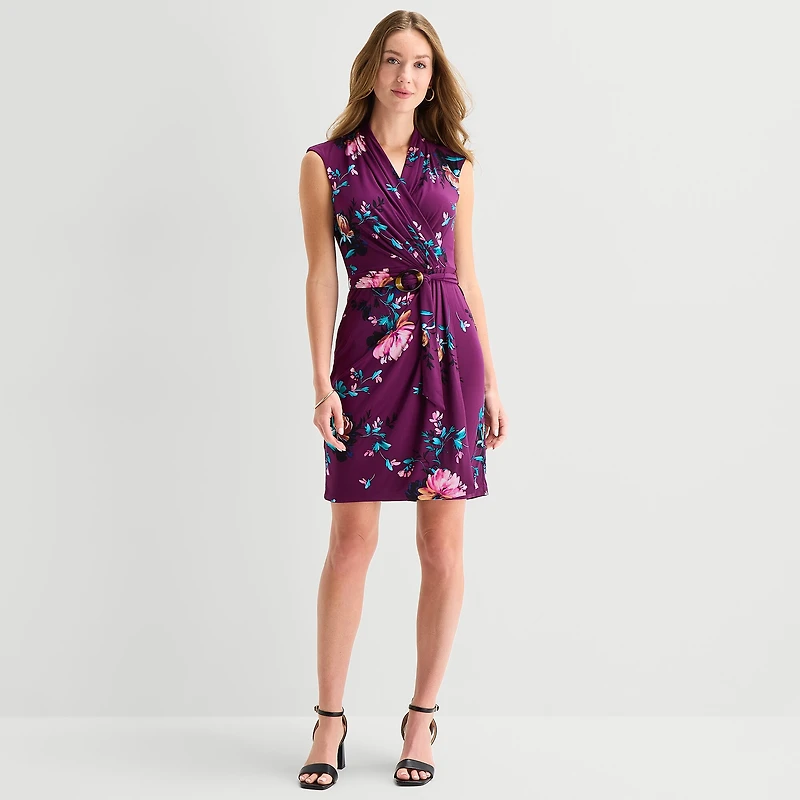 Marc New York Womens V Neck Sleeveless Floral Sheath Dress