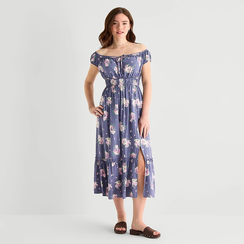 Arizona Womens Juniors Midi Short Sleeve Sundress