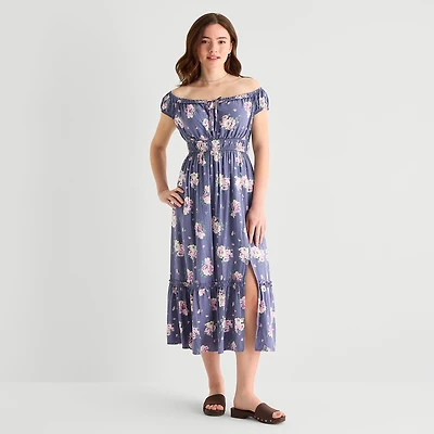 Arizona Womens Juniors Midi Short Sleeve Sundress