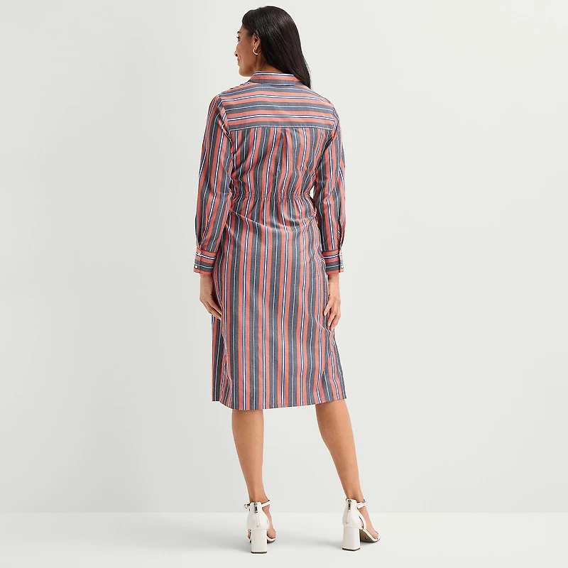 Liz Claiborne Womens Long Sleeve Midi Striped Shirt Dress