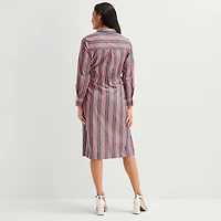 Liz Claiborne Womens Long Sleeve Midi Striped Shirt Dress