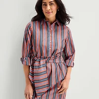 Liz Claiborne Womens Long Sleeve Midi Striped Shirt Dress