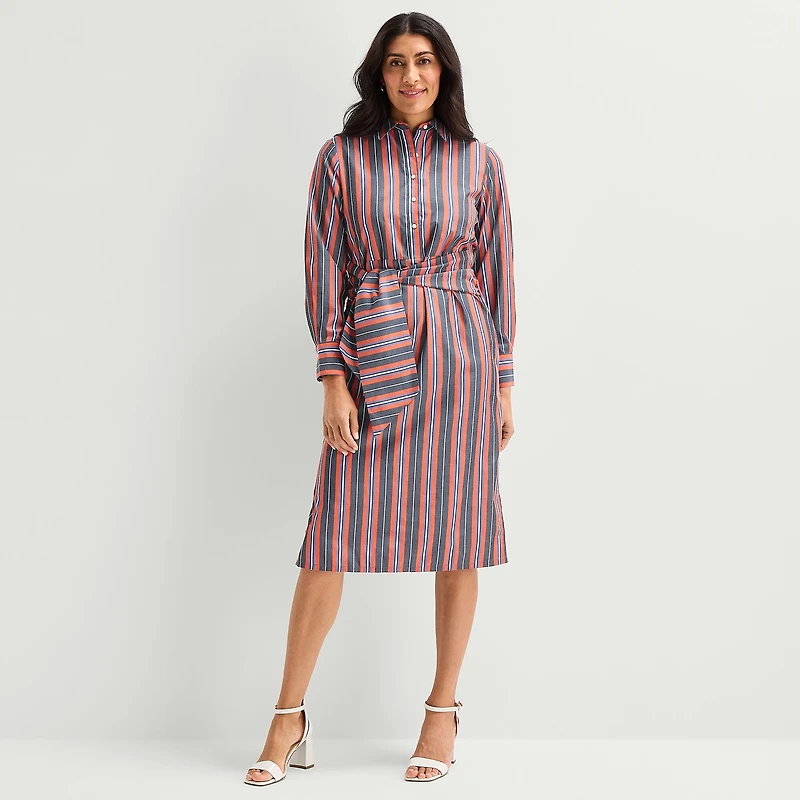 Liz Claiborne Womens Long Sleeve Midi Striped Shirt Dress
