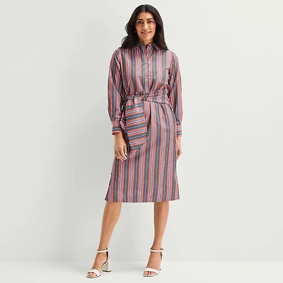 Liz Claiborne Womens Long Sleeve Midi Striped Shirt Dress