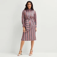 Liz Claiborne Womens Long Sleeve Midi Striped Shirt Dress