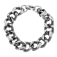 Mens Antique Finish Stainless Steel Skull Head Bracelet