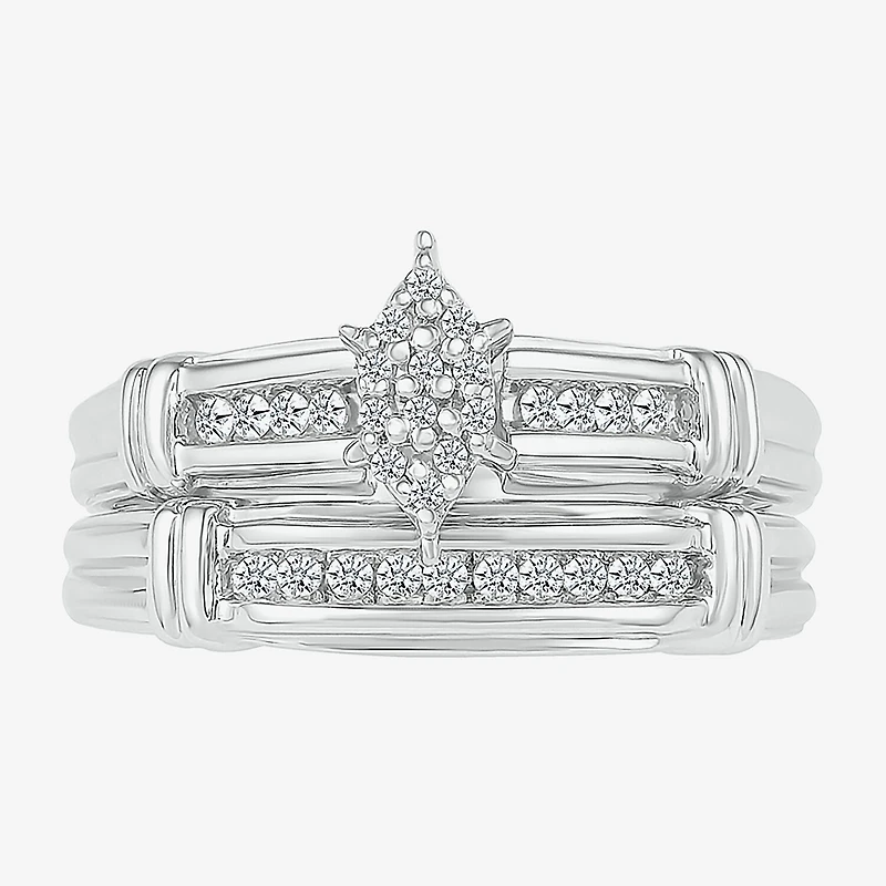 5.05mm Unisex Adult 1/4 CT. T.W. Natural White Diamond 10K Gold Marquise Side Stone Wedding Ring Set