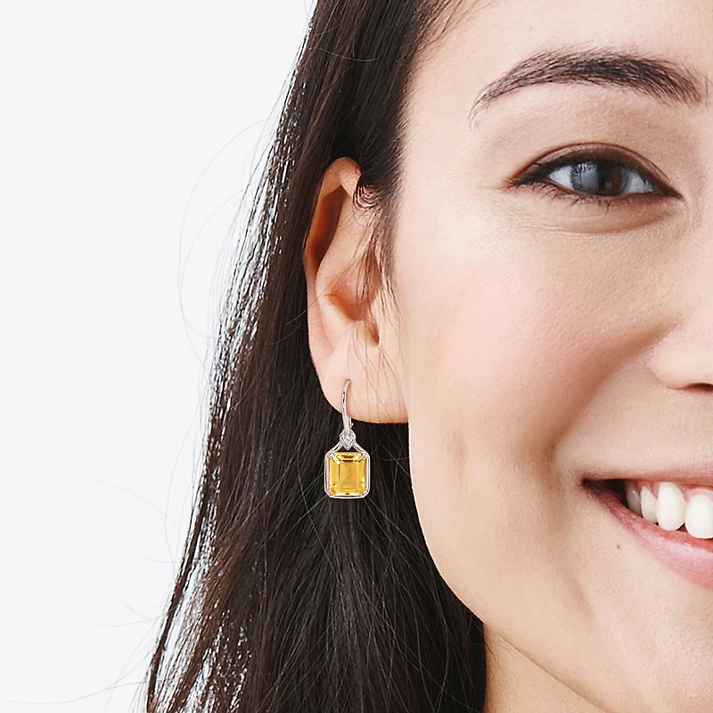 Womens Genuine Yellow Citrine 18K Gold Over Silver Drop Earrings