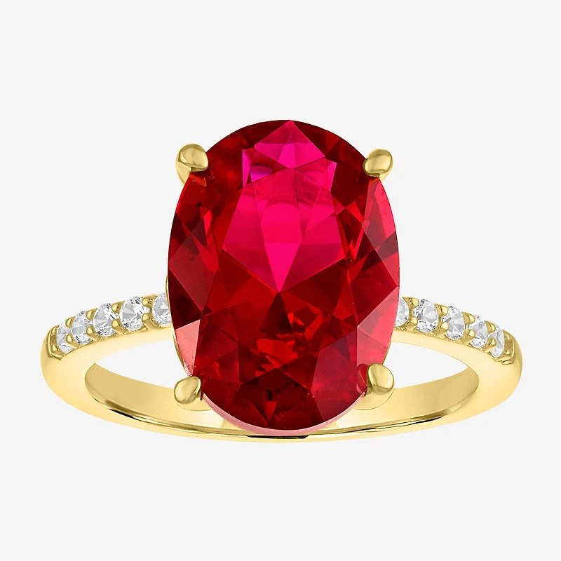 Womens Lab Created Red Ruby 14K Gold Over Silver Oval Side Stone Cocktail Ring