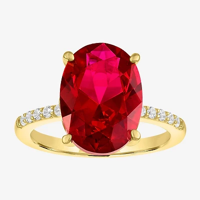 Womens Lab Created Red Ruby 14K Gold Over Silver Oval Side Stone Cocktail Ring