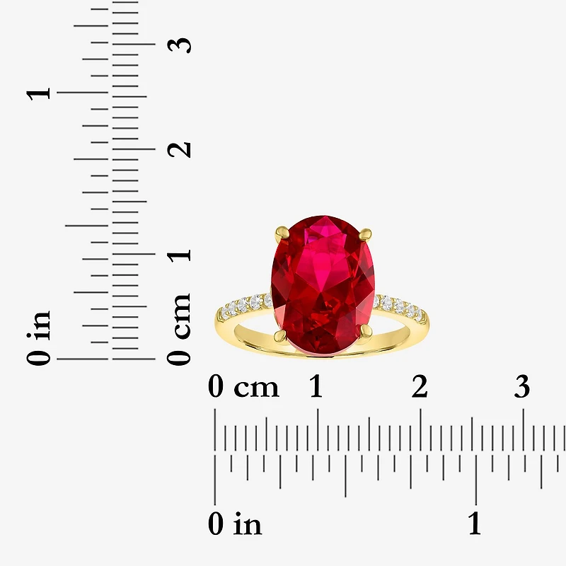 Womens Lab Created Red Ruby 14K Gold Over Silver Oval Side Stone Cocktail Ring