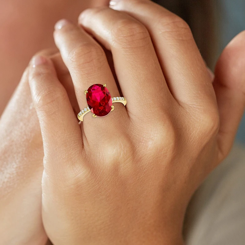Womens Lab Created Red Ruby 14K Gold Over Silver Oval Side Stone Cocktail Ring