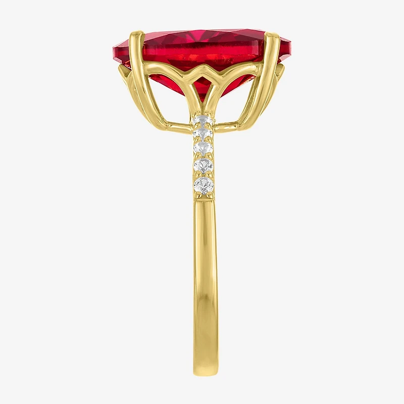 Womens Lab Created Red Ruby 14K Gold Over Silver Oval Side Stone Cocktail Ring