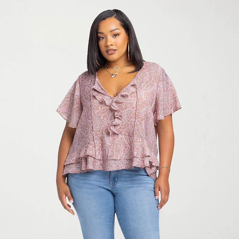 JS Jessica Simpson Womens Plus Split Tie Neck Short Sleeve Blouse