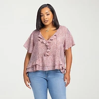 JS Jessica Simpson Womens Plus Split Tie Neck Short Sleeve Blouse